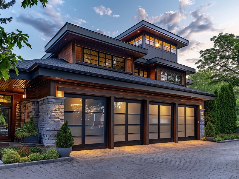 A home using 4 single car garage doors to break up the lines of the home for aesthetics.