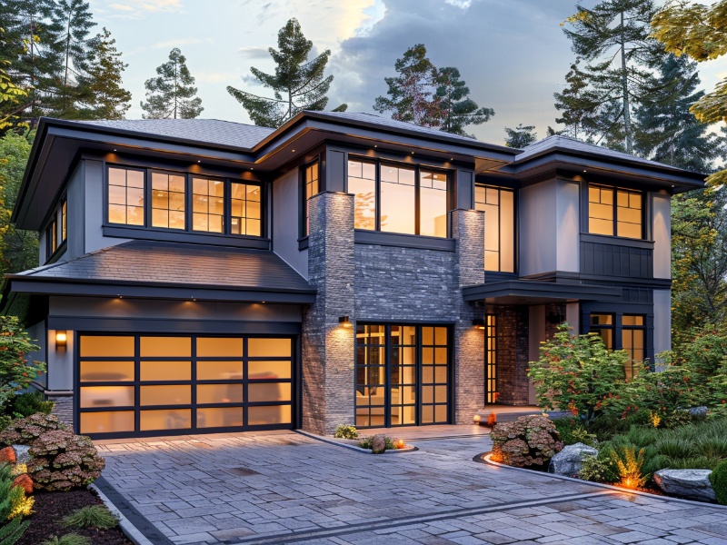 Contemporary home featuring a glass garage door for the patio alongside the standard glass garage door.