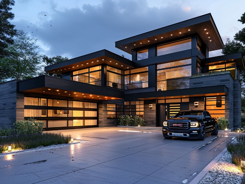 Modern home exterior featuring a see through garage door with glass panels.