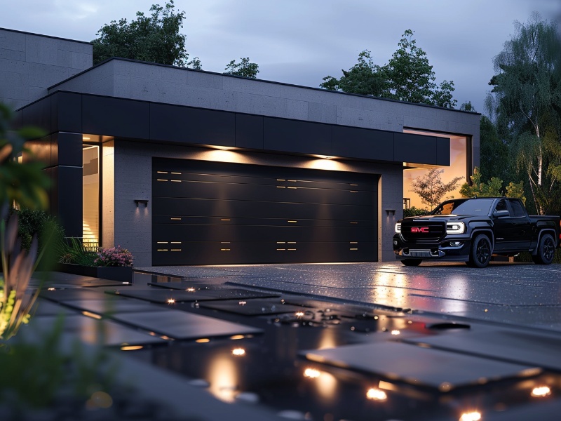Modern home featuring a sleek black garage door.