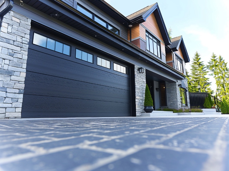 Sleek black modern garage door adding elegance to a contemporary home exterior.