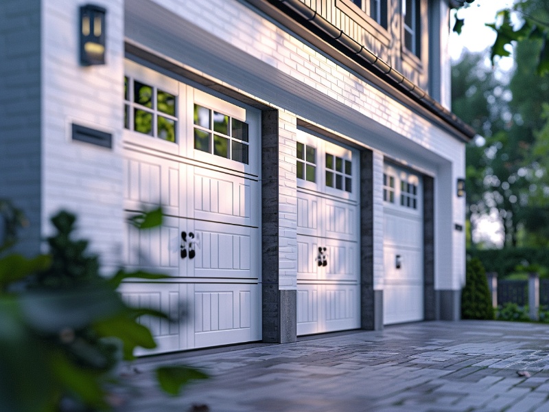 White garage doors showing the Benefits of Using Magnetic Hardware for Garage Doors.
