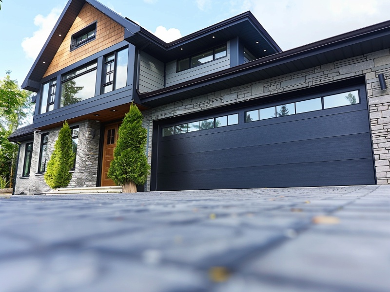 Two Car Garage Door, shown with windows, in all black to accent the home.