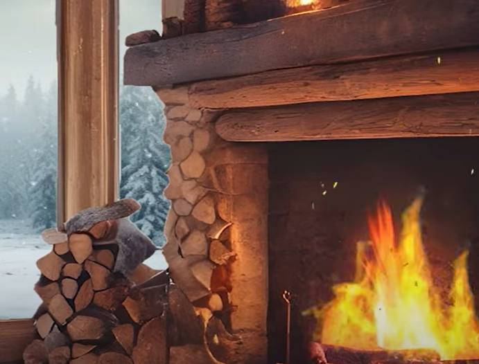 Snow Bed Room for Sleeping and Cozy Fireplace Crackling Background Music for Relaxation