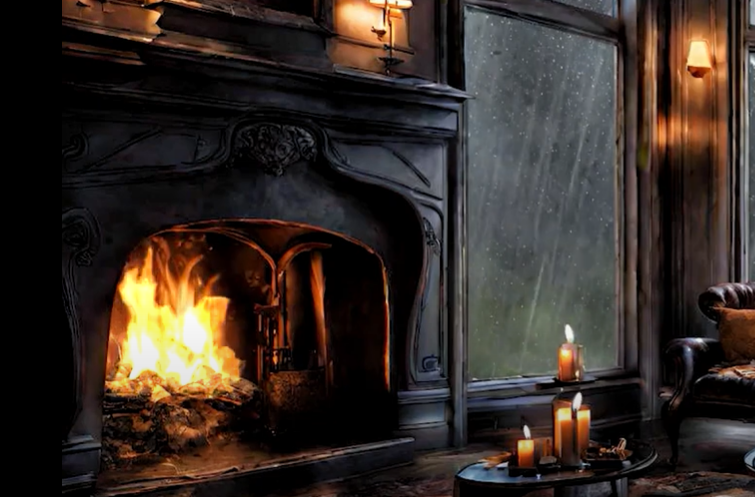 Classic Room Cozy Big Fireplace with Rain and Thunderstorm for Relaxing and Sleeping