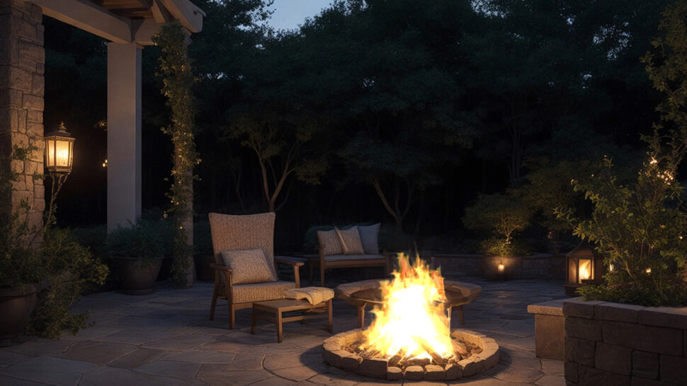 Court Yard Night Relaxing with Jazz Music Crackling Cozy Fireplace Brown Noise Sleep Meditate
