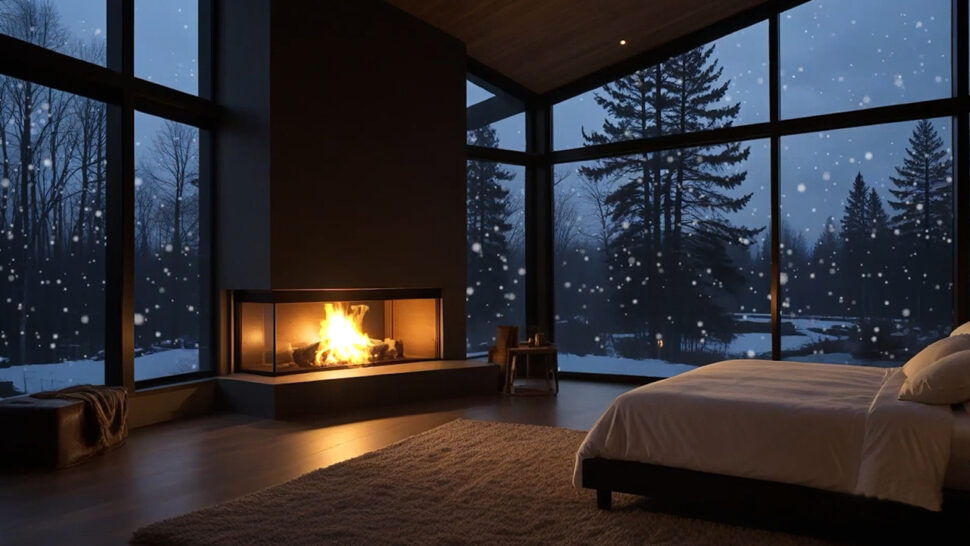 Relaxing Bedroom Retreat Big Fireplace, Big Windows, and Soothing Music for Sleep