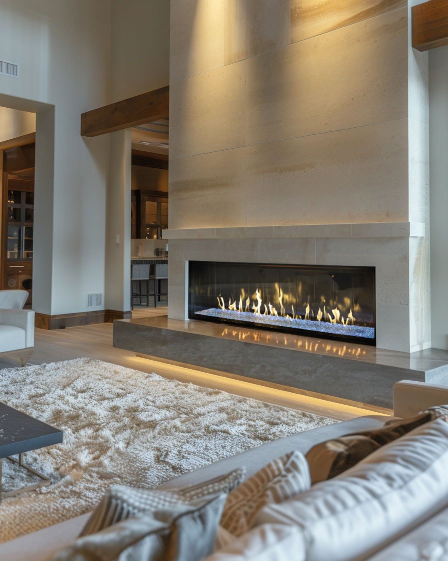 A modern living room with a sleek linear fireplace, light stone wall, and plush white rug.