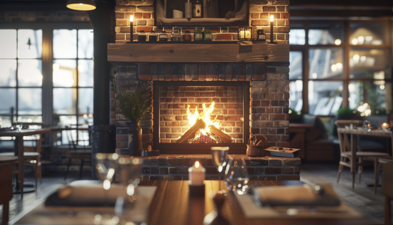 Fireplace with brick surround in a restaurant, creating a cozy atmosphere and ambience.