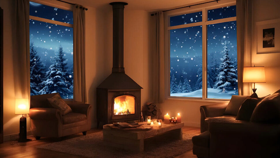 10 Hours Cozy Room Fireplace & Night Winter View With Relaxing Crackling Sounds