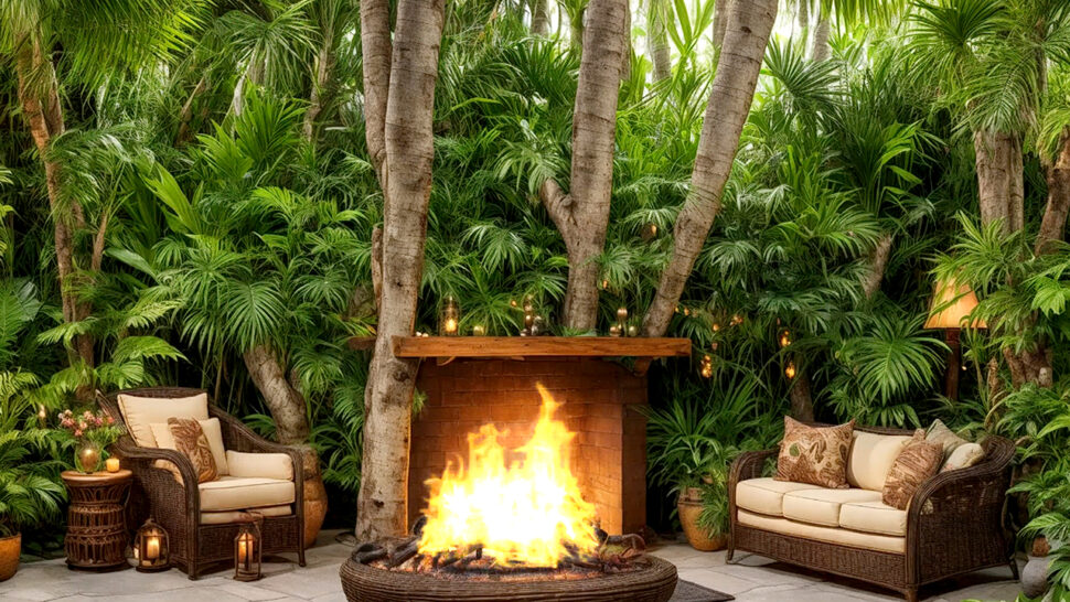 Beautiful Forest Scene Relaxing Ambiance and Soft Music Cozy Fireplace Crackling Brown Noise