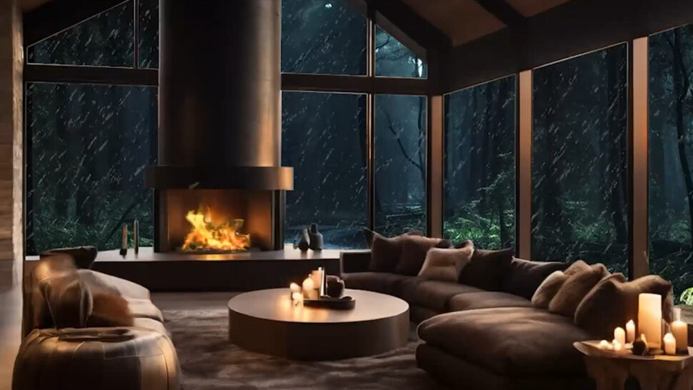 Cozy Ambiance Fireplace Harmony of Rain and Fireworks Dreifuss Fireplaces