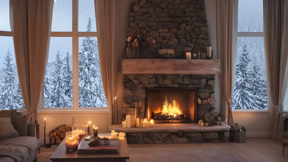 Cozy Cabin Ambience Giant Fireplace & Snowy Views for Ultimate Winter Relaxation 10 Hours