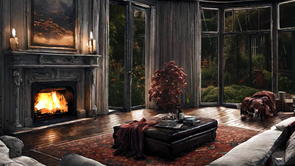 Cozy Classic Room Big Fireplace & Rainy Day Ambience Relaxing Fireplace Crackling ASMR