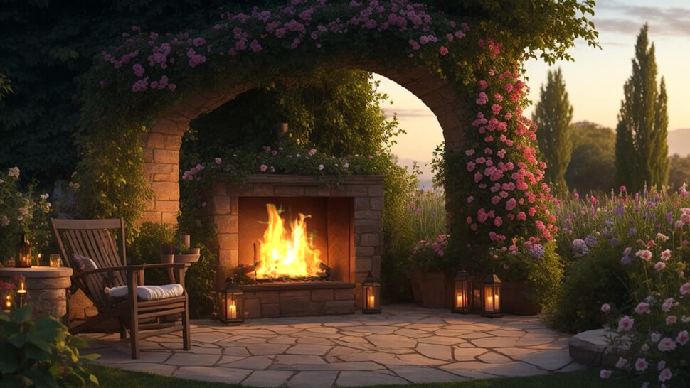 Cozy Fireplace Relaxing Garden with Nature and Crackling Sounds Sleep & Relax Pink Brown Noise