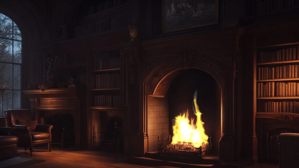 Cozy Fireplace in the Library with Soft Jazz Music for Relaxing, Stress Relief, and Sleeping