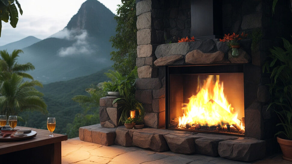 Cozy Fireplace on View Mountain with Wind Blow Crackling Sounds for Study, Sleep Pink Brown Noise