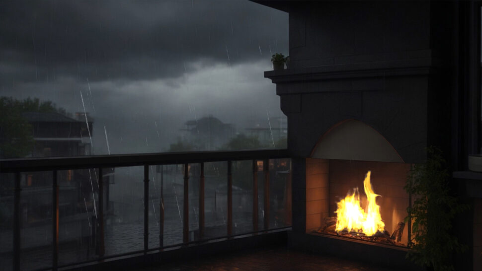 Cozy Fireplaces in the Balcony with Heavy Rain Crackling Sounds for Sleeping, Relax Brown Noise