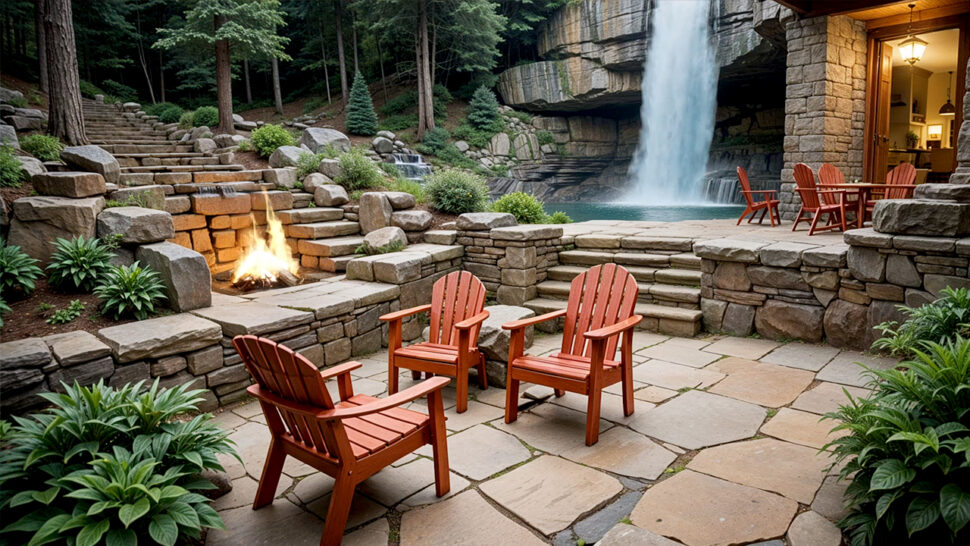 Cozy Hillside Fireplace Waterfall Sounds and Pink Noise for Sleep and Relaxation