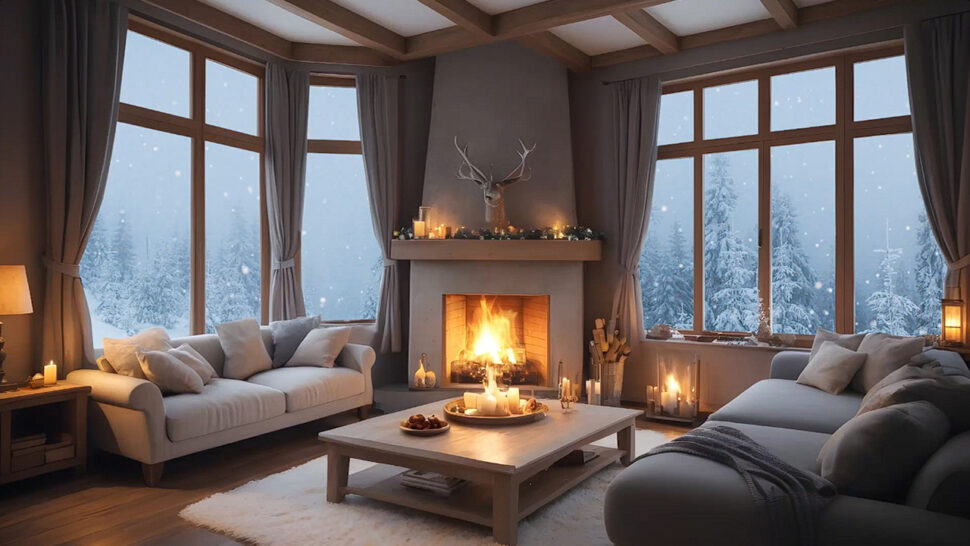 Cozy Winter Cabin Ambience with Warm Relaxing Winter Music Fireplace Sounds