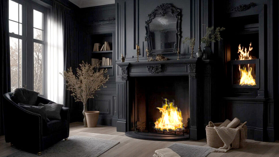 Dark Elegant Room with a Cozy Fireplace Crackling Sounds Good for Relaxing and Sleeping