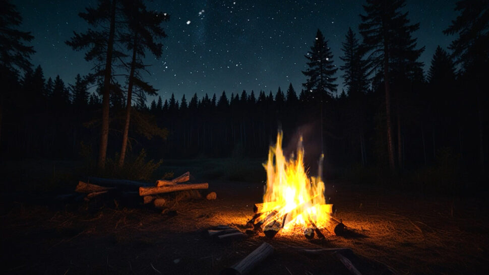 Enchanted Forest Bonfire Bright Night Sky, Shooting Stars, Owl, Cricket, and Relaxing Crackles