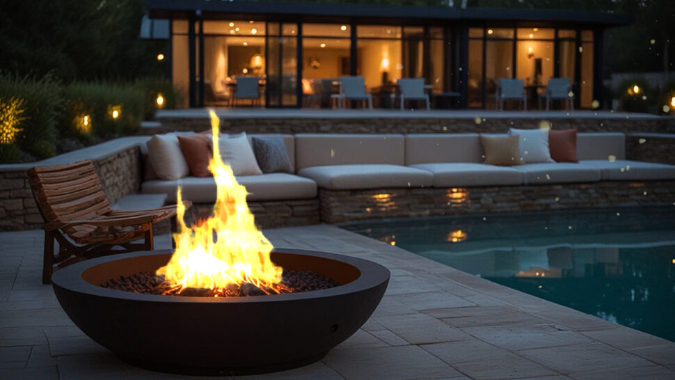 Fire Pit besides a Cozy Pool with Relaxing Music and Crackling Sounds Dancing Firefly