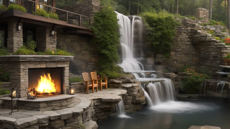 Hillside Cozy Fireplace with Water Falls and Crackling Sounds Good for Sleeping and Rest Pink Noise