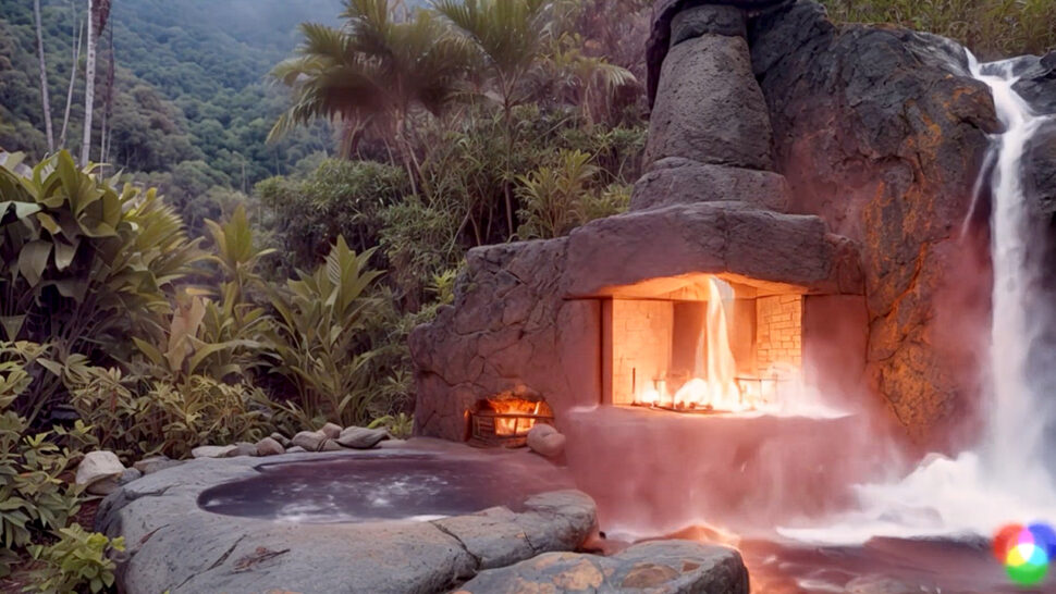 Hot Spring Ambiance Soft Piano Music Crackling Waterfall Sounds for Relaxing Pink and Brown Noise