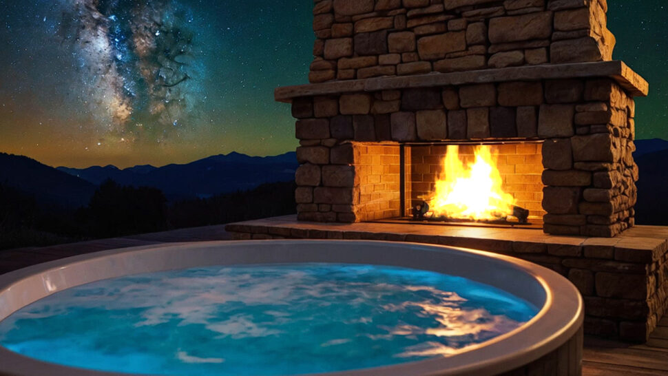Jacuzzi in a Night Sky with Fireplace Relaxing Music and Crackling Sounds to Relieve Stress