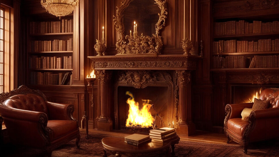 Luxurious Library Escape Cozy Fireplace Ambiance Relaxing Music Background and Crackling Fire
