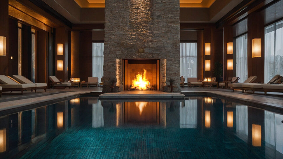 Luxury Pool Hotel Fireplace Jazz Music and Crackling Sounds for Ultimate Relaxation and Sleep