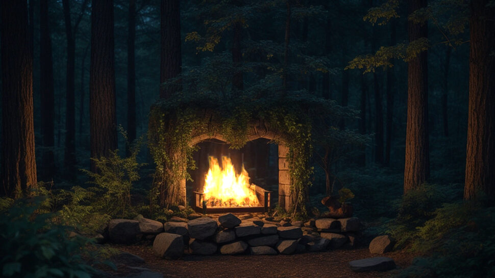Nature Background Sounds in the Night with Crackling Cozy Fireplace Good for Stress Relief and Relax