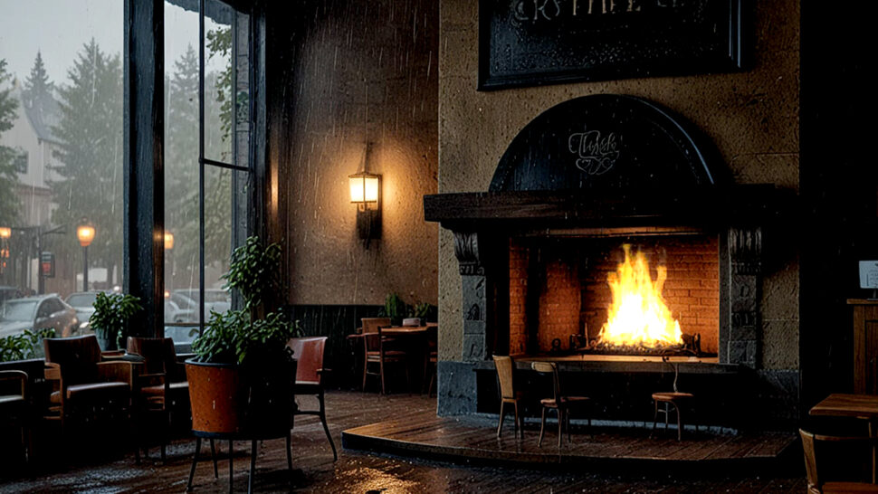 Pink Noise & Brown Noise Coffee Shop Fireplace with Crackling and Rain Sounds for Sleep, Meditate