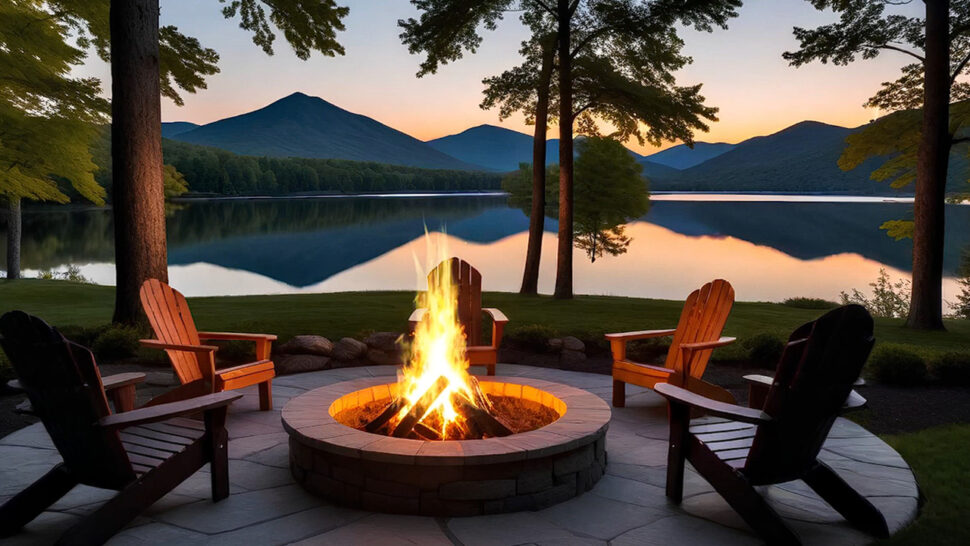 Relaxing Crackling and Meditation Sounds with Outdoor Fire Pit Lake View Serenity