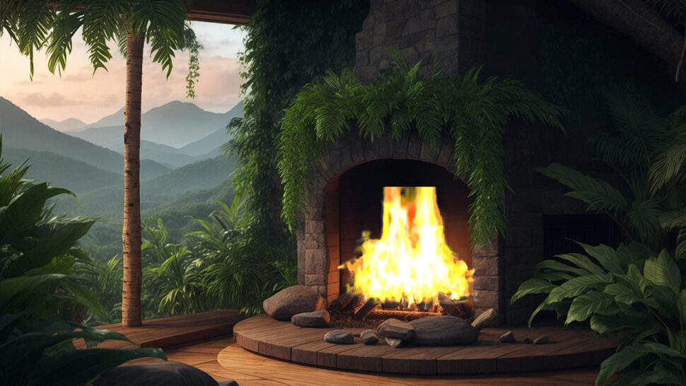 Relaxing Healing Music in a Tropical Forest with Cozy Fireplace's Crackling Sounds Brown Noise