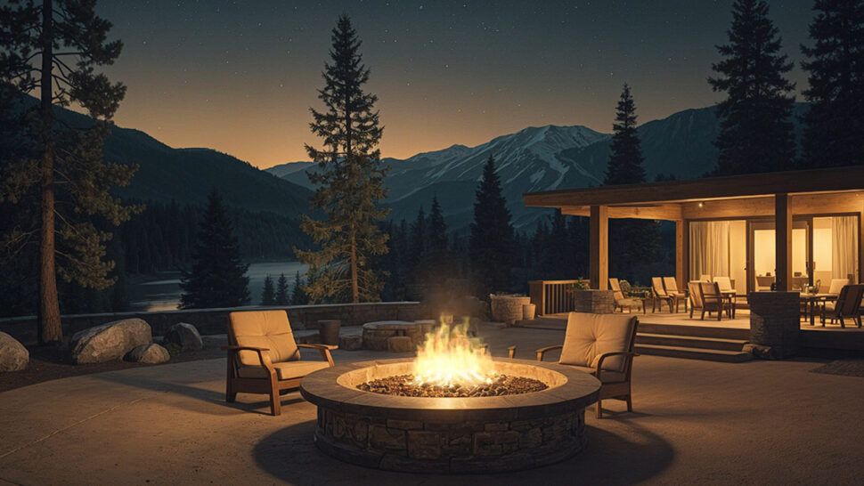 Relaxing Jazz Music Outdoor Fireplace & Mountain Serenity for Productivity, Relaxation