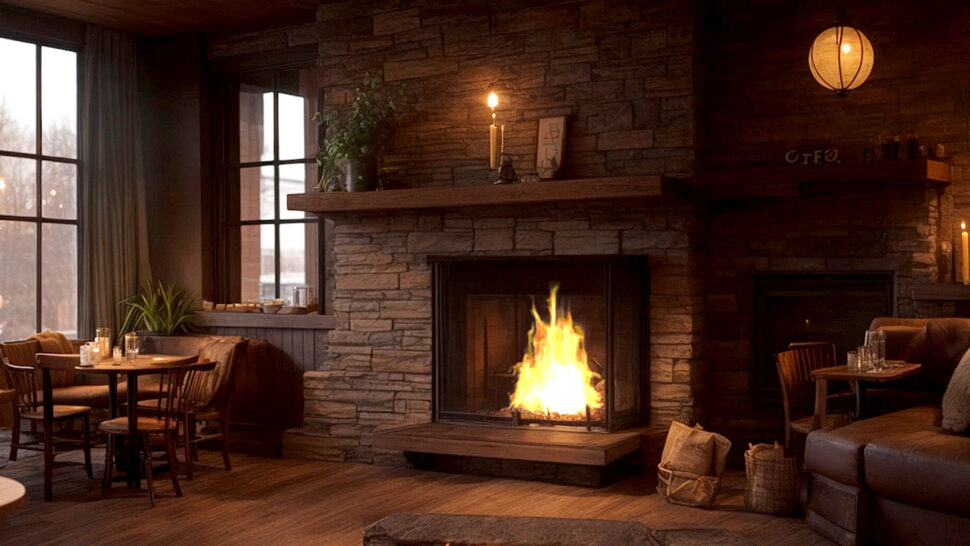 Relaxing Jazz Music in a Coffee Shop with Crackling Fire Sounds Brown Noise For Sleep and Study