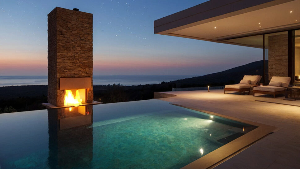 Relaxing Music Good Meditation and Sleep Luxury Infinity Pool with Cozy Fireplace Crackling Sound