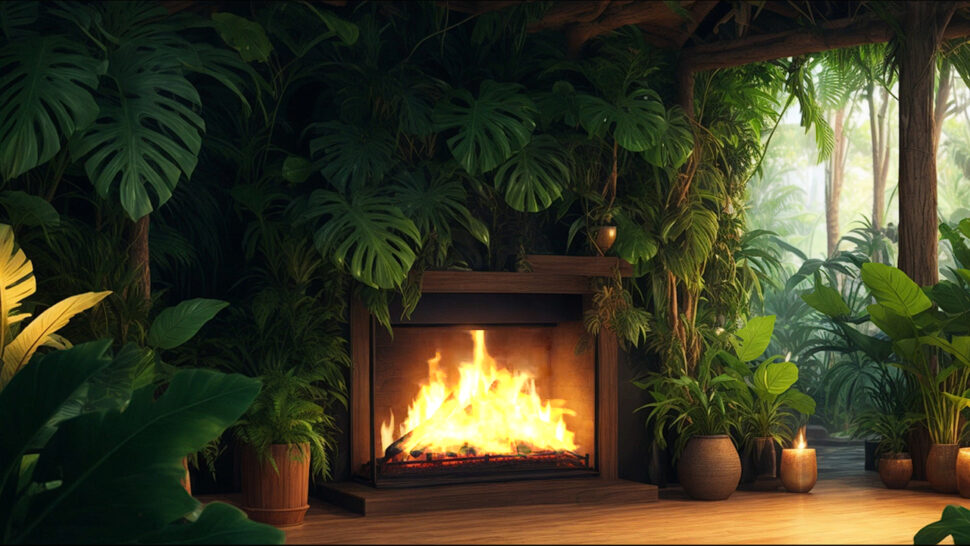 Relaxing Music in a Jungle with Fireplace Crackling Good for Sleep and Meditation Brown Noise