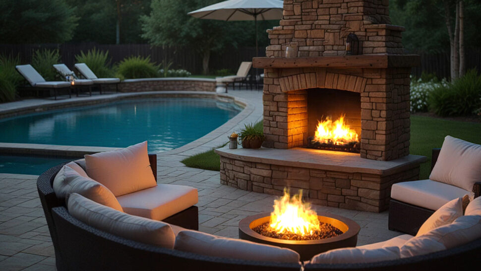 Relaxing Summer Pool with Cozy Fireplace and Crackling Sounds for Relaxing + Sleeping + Meditation