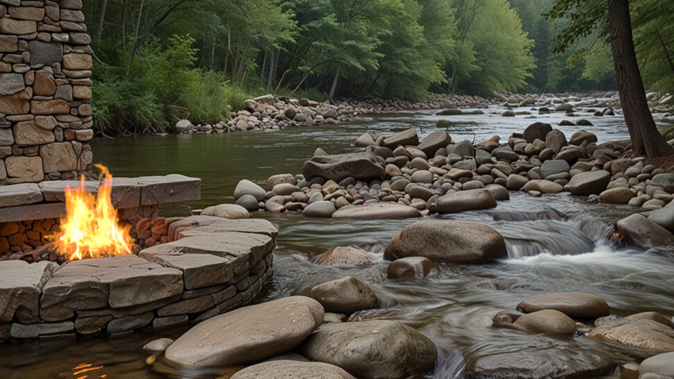 River + Fireplace with Water Stream Flowing Sounds Green Noise Good For Relaxing and Sleeping