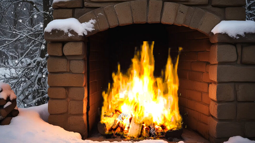 Snowy Outdoor Fireplace Crackling Sounds and Relaxing Flame in Winter