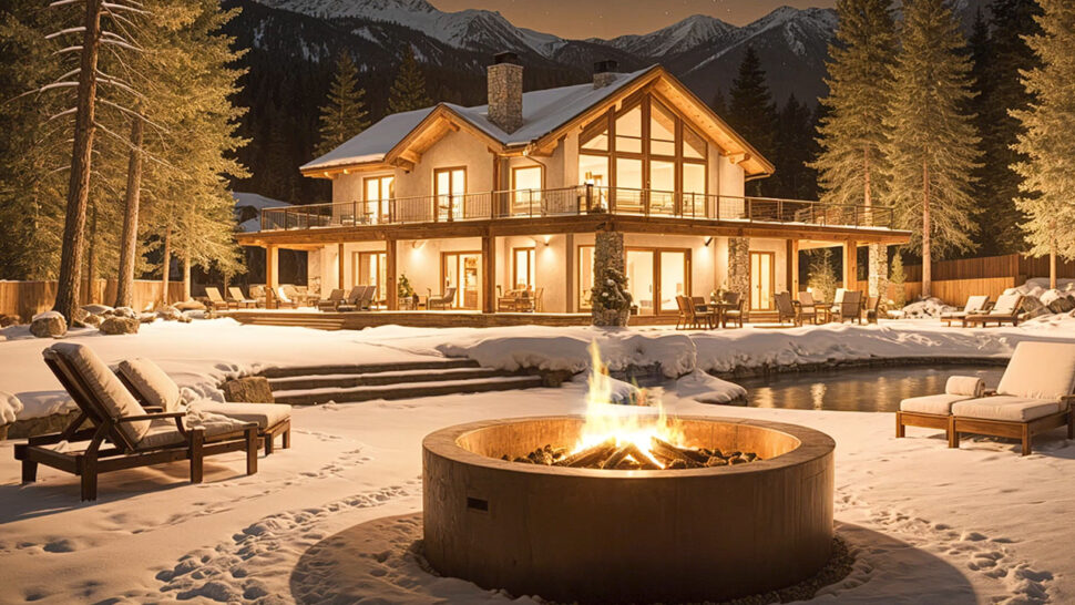 Soft Jazz Music with Cozy Outdoor fireplace and mountain view for Work, Study, Unwind