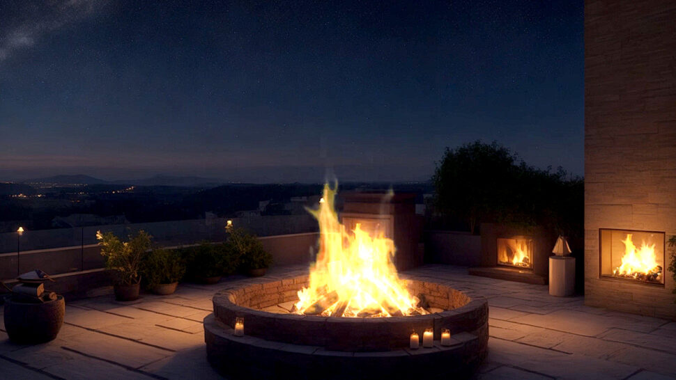 Starry Rooftop Retreat Cozy Fireplace & Calm Music for Ultimate Stress Relief and Sleep