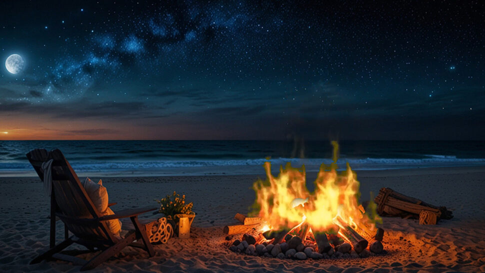 Summer Beach View at Night with Relaxing Music and Crackling Sound to Reduce Stress Help You Sleep