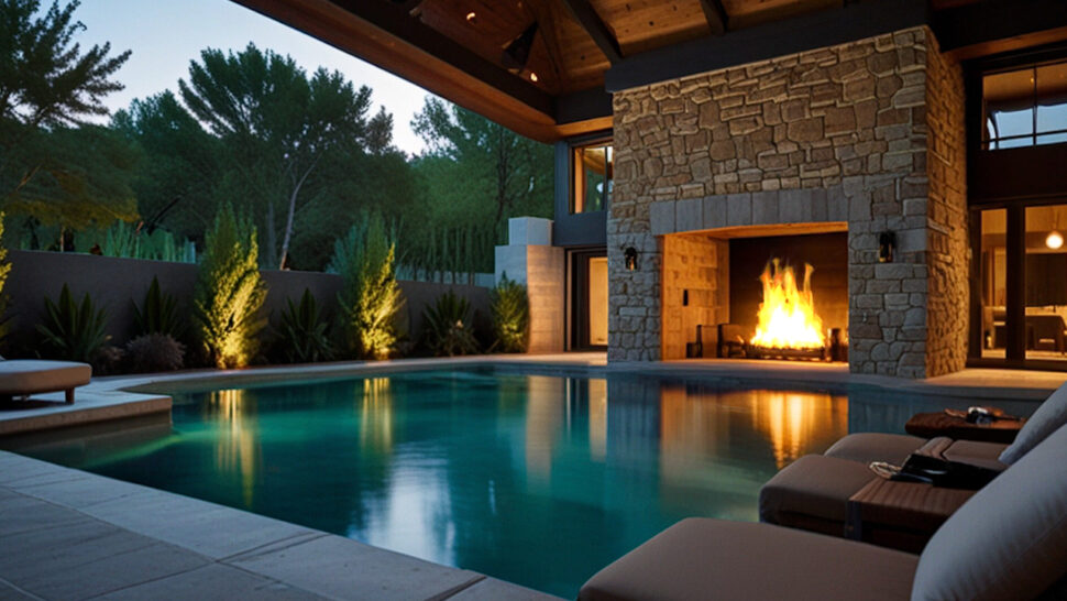 Summer Bliss Gorgeous Pool with Cozy Fireplace and Jazz Music for Relaxation, Stress Relief & Sleep