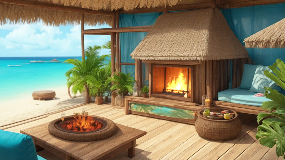 Summer Fireplace in the Balcony Calm Wave and Crackling Sounds for Sleeping Pink & Brown Noise