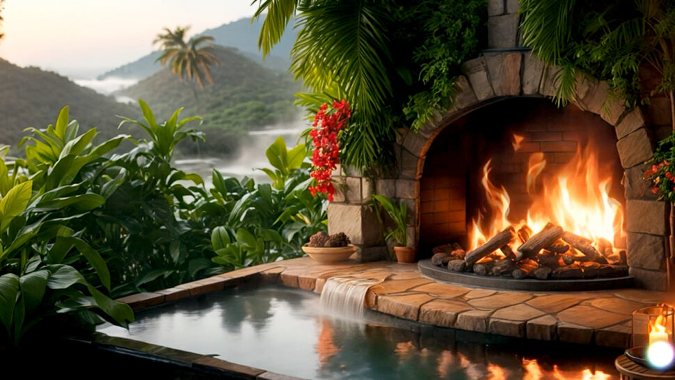 Tropical Hot Spring on Mountain with Cozy Fireplace Relaxing Music good for Rest Relax Brown Noise