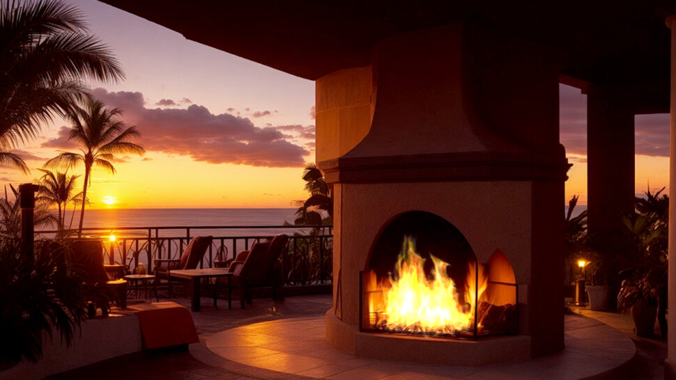 Tropical Sunset Fireplaces Balcony with Soft Chill Music and Crackling Sounds Brown Noise Sleep